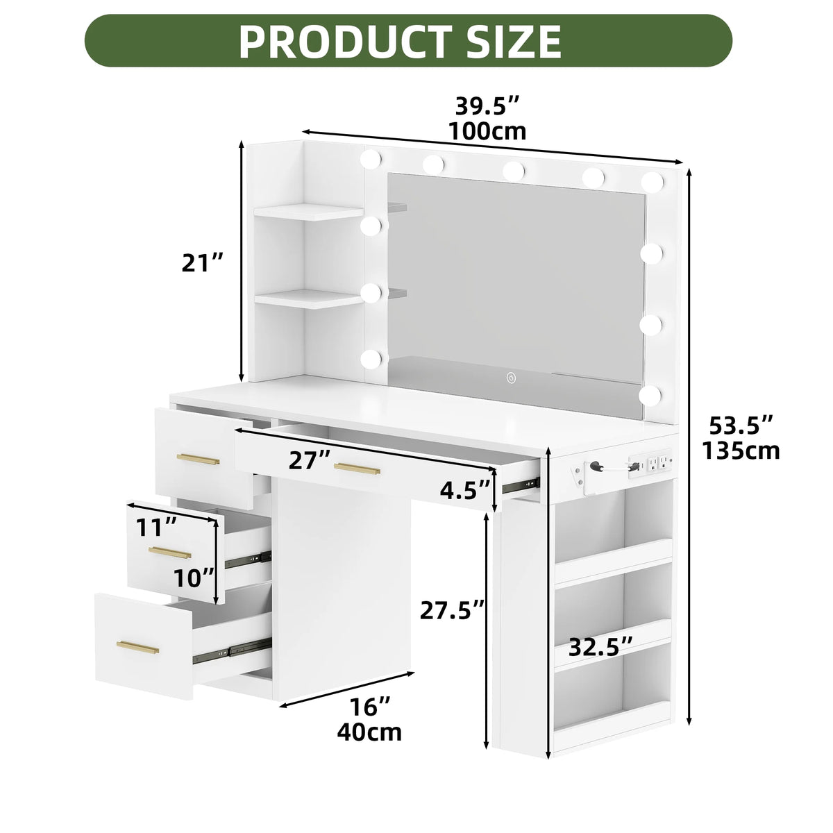 Uforic Makeup Vanity Desk with Mirror & Lights, Vanity Desk with 4 Drawers & Storage Shelves - White