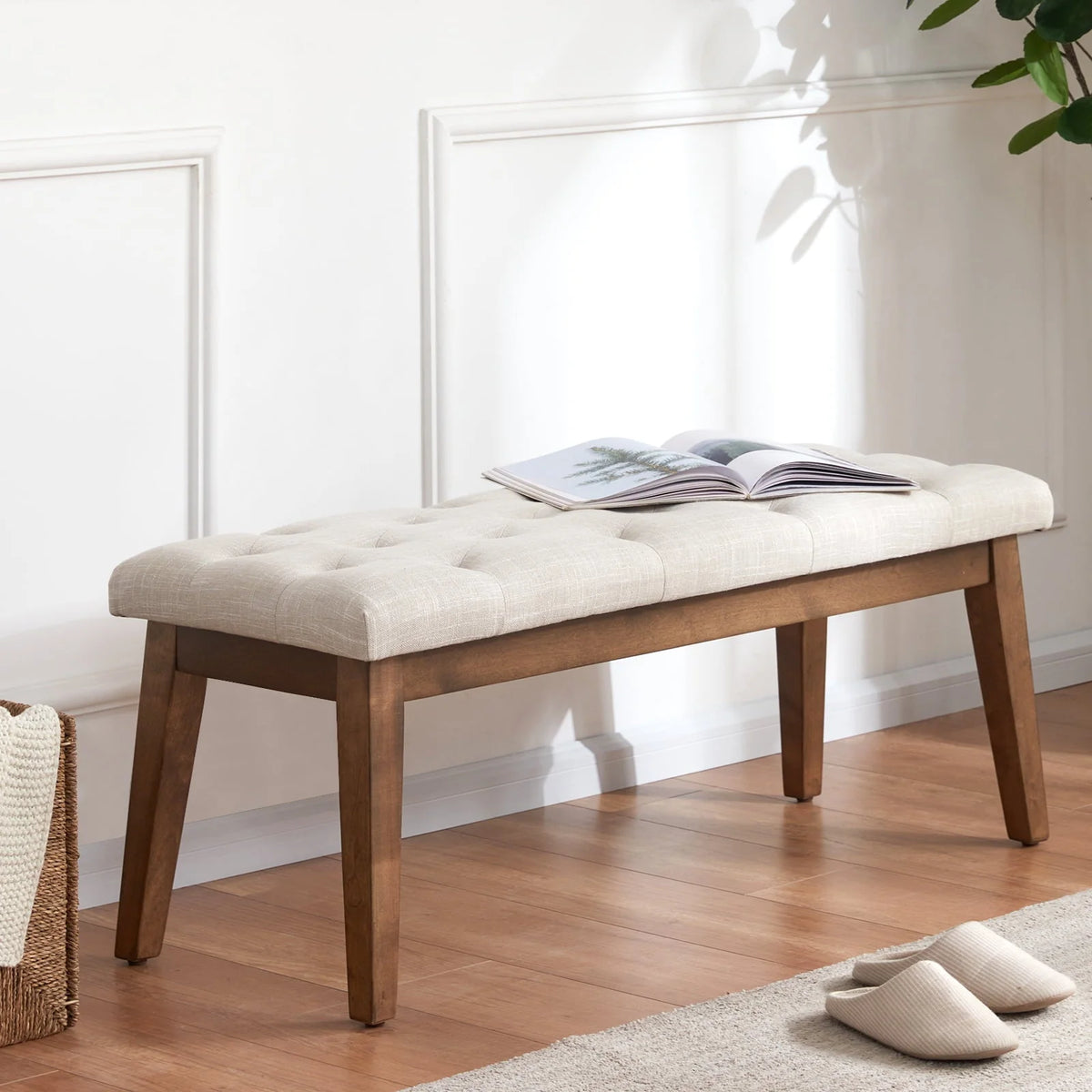HUIMO Button-Tufted Bench for End of Bed, Entryway Bench with Upholstered Linen Fabric, Ottoman Bench for Living Room,Dining Bench for Kitchen(Beige)