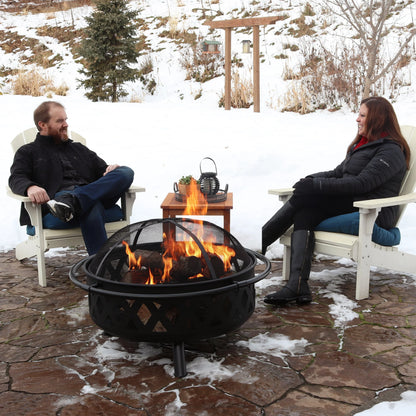 Sunnydaze Outdoor Camping or Backyard Round Crossweave Cut Out Fire Pit with Spark Screen, Log Poker, and Cover - 36"