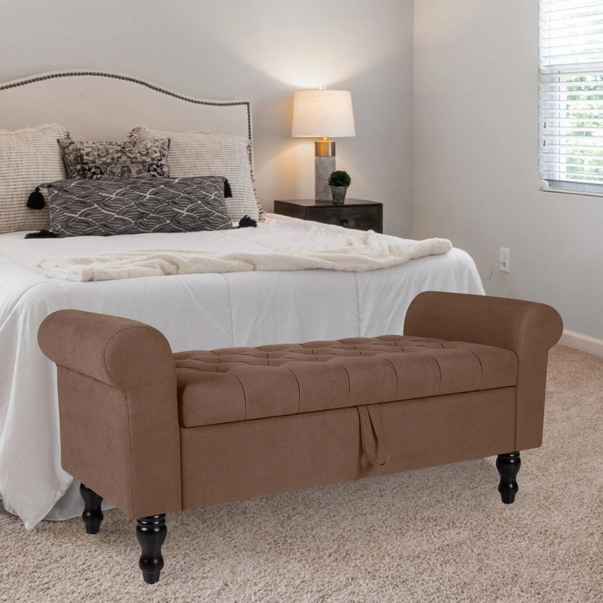 Storage Bench with Upholstered Rolled Arm Ottoman Bench Couch w/ Solid Wood Legs for Bedroom End of Bed,and Living room,Gray