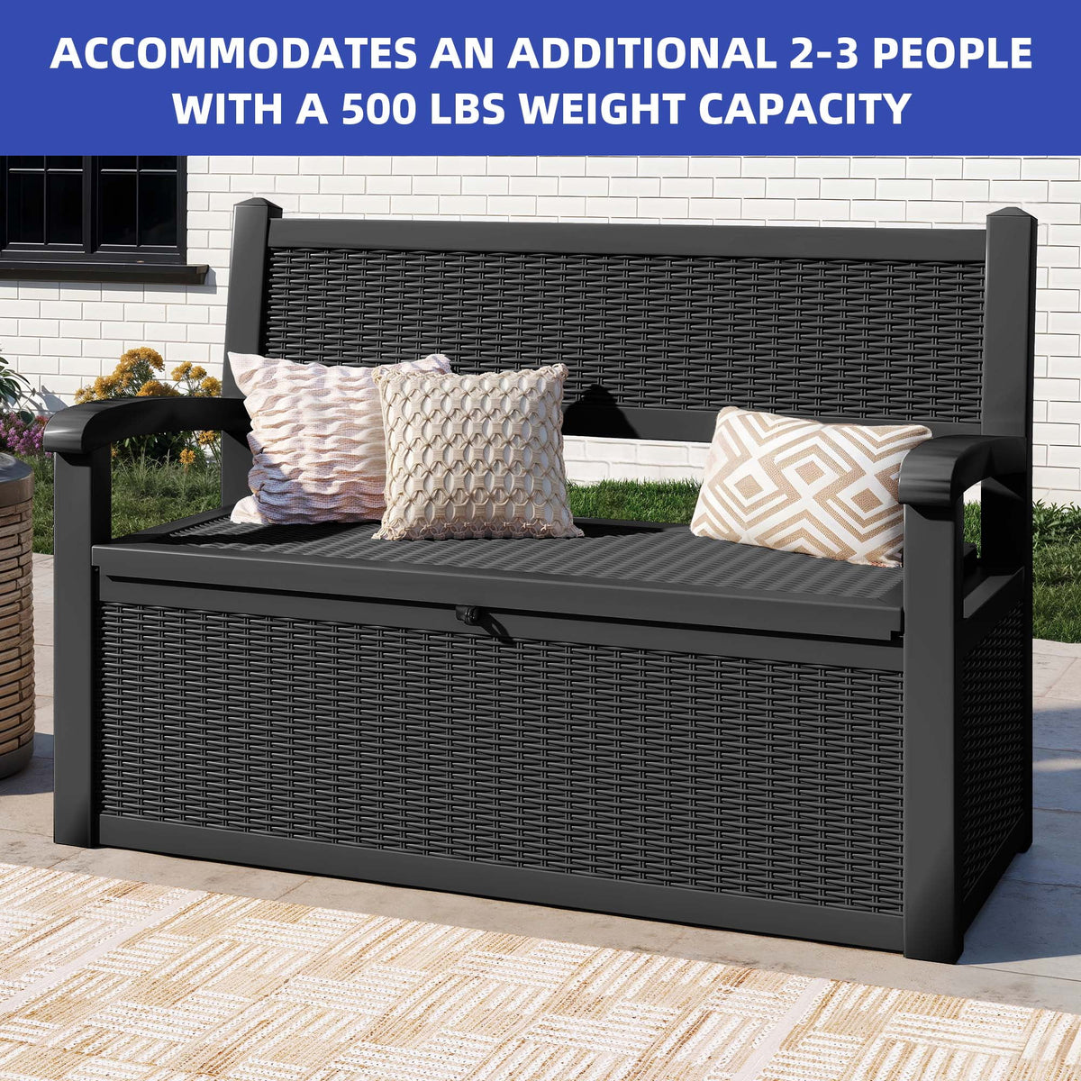 ModFusion 70-Gallon Outdoor Resin Storage Cabinet with Rattan Backrest �C Waterproof Patio Bench Seat, 500 lbs Capacity, Black
