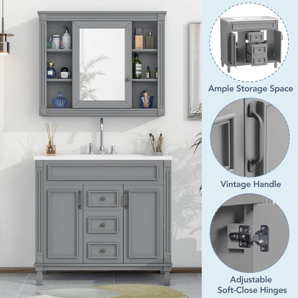 36'' Bathroom Vanity Set, Undermount Bathroom Cabinet and Mirror Cabinet, Ceramic Sink Top, Storage Cabinet with 2 Soft Closing Doors and 2 Drawers, Vanity Cabinet Set, Suit for 4'' Faucet, Gray
