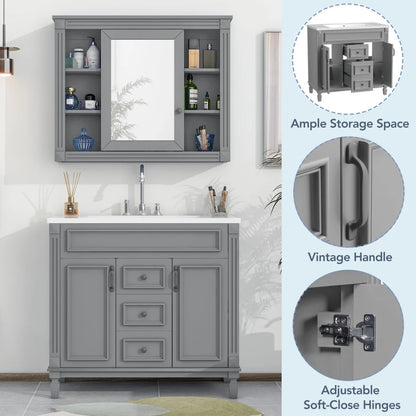 36'' Bathroom Vanity Set, Undermount Bathroom Cabinet and Mirror Cabinet, Ceramic Sink Top, Storage Cabinet with 2 Soft Closing Doors and 2 Drawers, Vanity Cabinet Set, Suit for 4'' Faucet, Gray