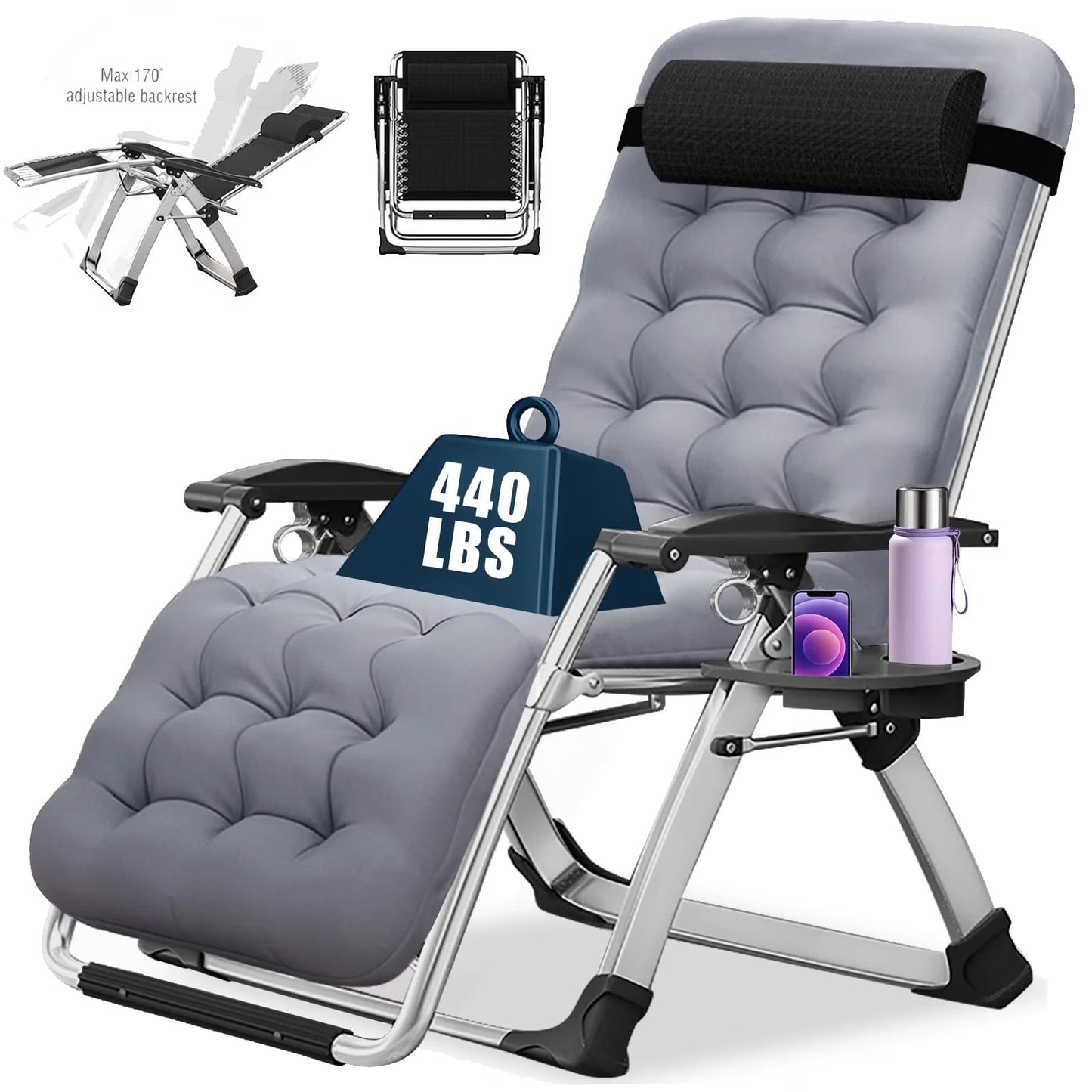 NAIZEA 2 Pack Zero Gravity Chair, Foldable Portable Lawn Recliner with Cushion, Headrest, Cup Holder, Black