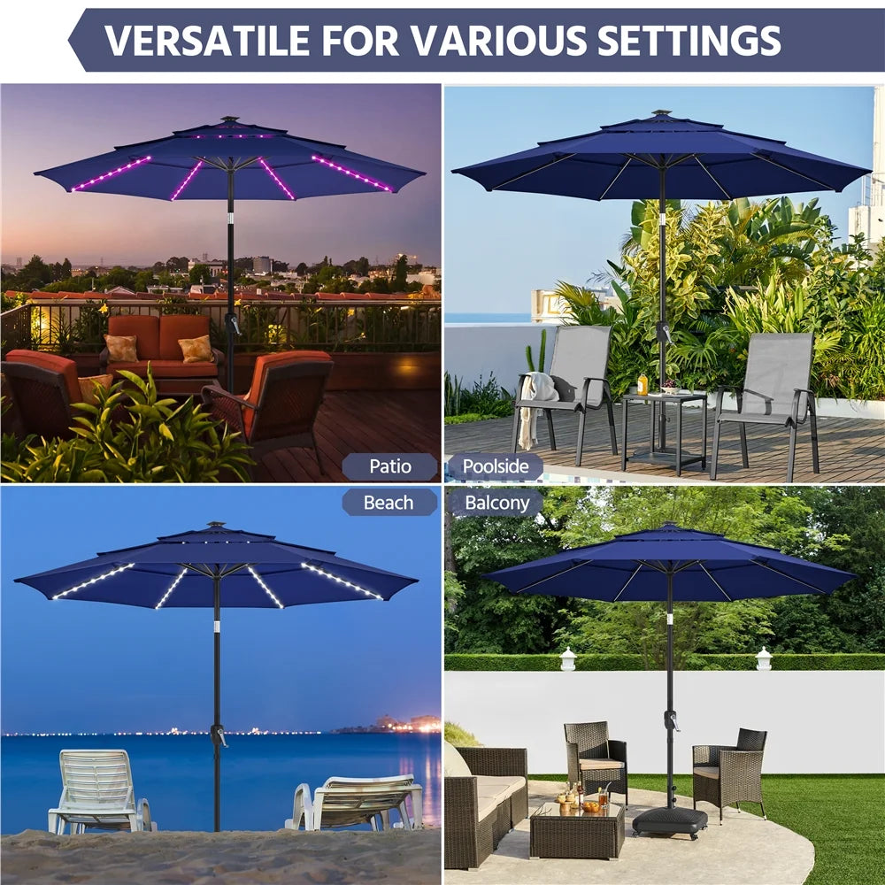 Renwick 10 Ft Outdoor Patio Parasol with Color-Changing LED Strip, Tan