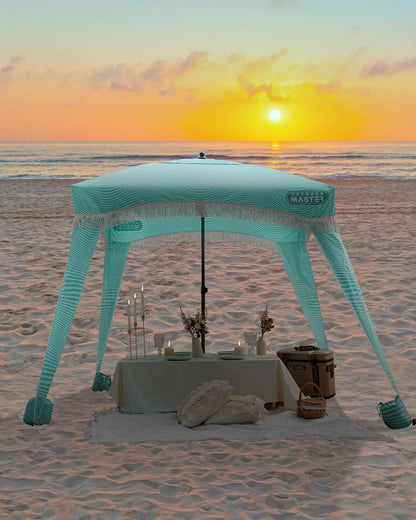 OutdoorMaster Beach Cabana with Fringe, Portable 6' x 6' Beach Canopy, Easy Set Up Beach Shelter, Included Side Wall, UPF 50+ UV Protection Sun Umbrella - for Kids, Family & Friends