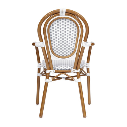 Merrick Lane Stacking Thonet French Bistro Style Chair with Arms, Black & White PE Rattan Seat, and Bamboo Finished Metal Frame for Indoor/Outdoor Use