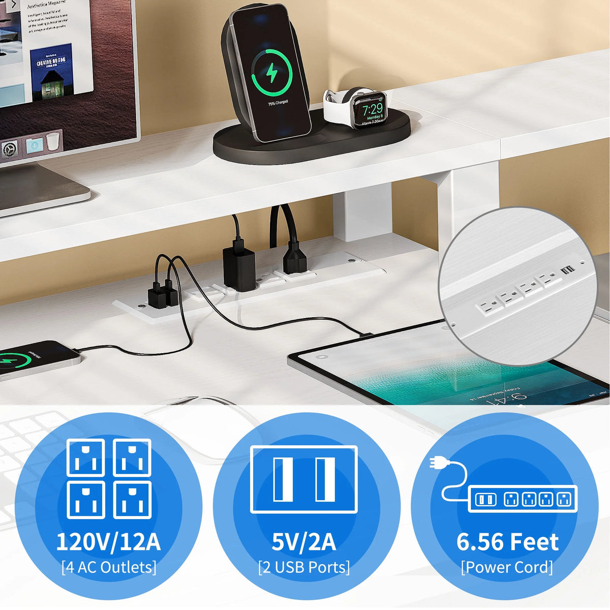 Dextrus 65" L Shaped Desk with Power Outlets and Monitor Stand , Computer Desk with LED Light &File Cabinet, Corner Desk with 3 Drawers & 4 Open Storage Shelves, Modern Home Office Desk, White