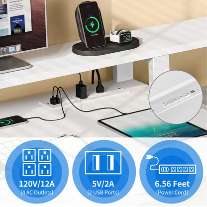 Dextrus 65" L Shaped Desk with Power Outlets and Monitor Stand , Computer Desk with LED Light &File Cabinet, Corner Desk with 3 Drawers & 4 Open Storage Shelves, Modern Home Office Desk, White