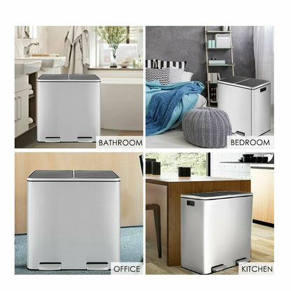 LAZY BUDDY Dual Garbage Can, Stainless Steel 16 Gallon Step Kitchen Trash Can with Soft-Close Lid, Double Compartment Garbage Recycling Bin