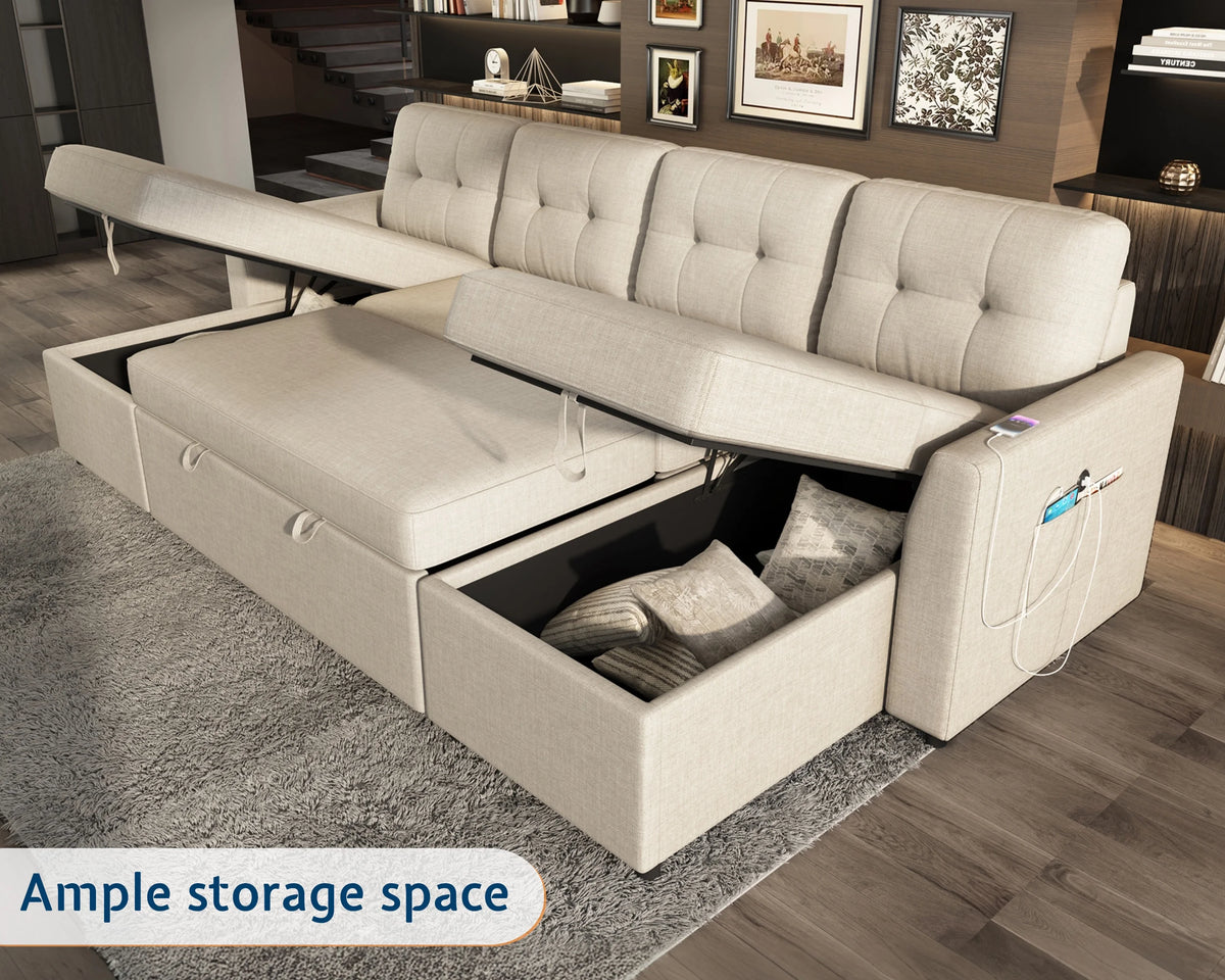 VANACC Sectional Sofa Bed with Storage and Soft Seat ,Reversible Pull Out Couch for Living Room,Beige