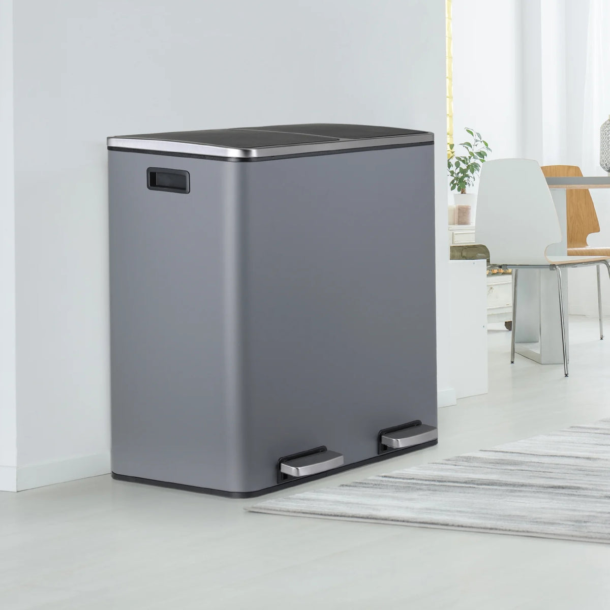 LAZY BUDDY Dual Garbage Can, Stainless Steel 16 Gallon Step Kitchen Trash Can with Soft-Close Lid, Double Compartment Garbage Recycling Bin