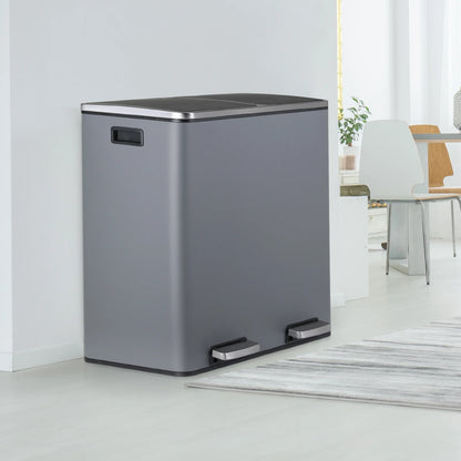 LAZY BUDDY Dual Garbage Can, Stainless Steel 16 Gallon Step Kitchen Trash Can with Soft-Close Lid, Double Compartment Garbage Recycling Bin