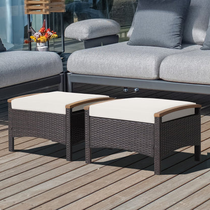 Costway Set of 2 Patio Rattan Ottoman Footrest Cushions Wooden Handle Beige