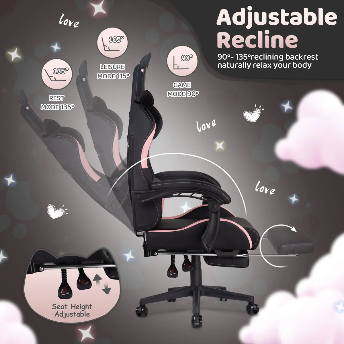 Waleaf Pink Gaming Chair with Cat Paw Lumbar Cushion and Cat Ears for Girls, Reclining Office Computer Chair with Footrest for Adults, Teens