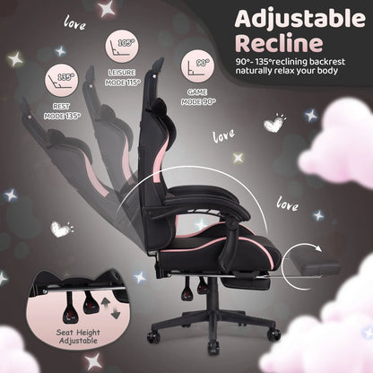 Waleaf Pink Gaming Chair with Cat Paw Lumbar Cushion and Cat Ears for Girls, Reclining Office Computer Chair with Footrest for Adults, Teens
