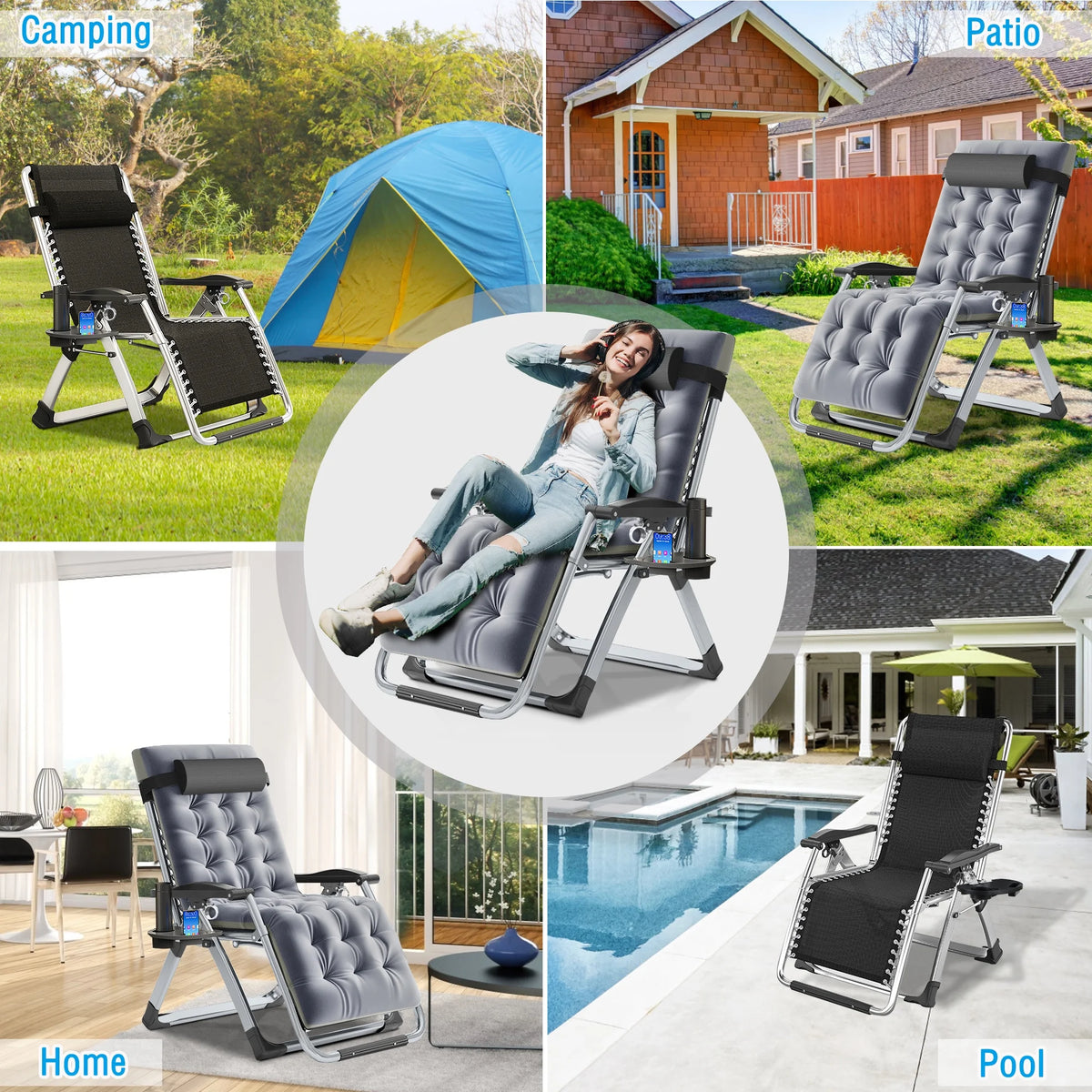 NAIZEA 2 Pack Zero Gravity Chair, Foldable Portable Lawn Recliner with Cushion, Headrest, Cup Holder, Black