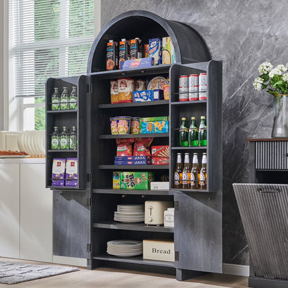 SinCiDo Arched Kitchen Pantry Storage Cabinet, 71-Inch Tall Wood Adjustable Shelves, 2 Doors, 2 Drawers