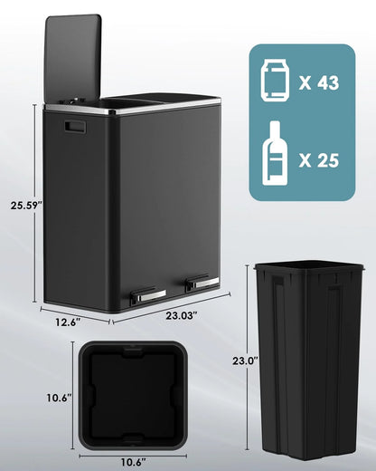 Arlopu 60 L/16 gal Dual Trash Can, Stainless Steel Garbage Can for Kitchen, Recycle Bin with Lid
