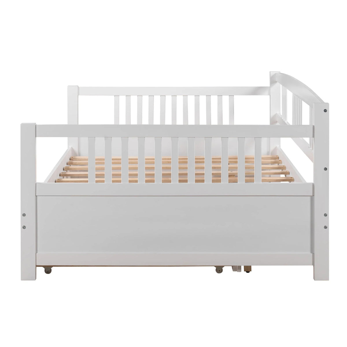 Daybed with Trundle Included, Full Size Daybed Bed Frame with Headboard and Footboard, Living Room Sofa Bed with Pull Out Bed, Wood Single Bed for Kids Boys Girls, No Box Spring Needed, White, J948