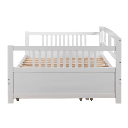 Daybed with Trundle Included, Full Size Daybed Bed Frame with Headboard and Footboard, Living Room Sofa Bed with Pull Out Bed, Wood Single Bed for Kids Boys Girls, No Box Spring Needed, White, J948
