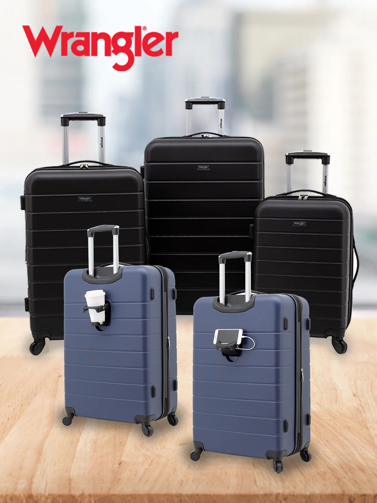 Wrangler 3 Piece Luggage Set with Cup Holder and USB Port, Olive Green