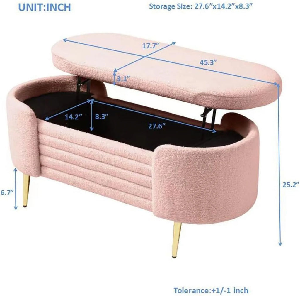 Sumdeal 43.5" Storage Ottoman Bench with 250lb Seating, Linen Upholstered Wood Legs Safety Hinge Flip Top Oval Foot Rest Long Stool for Sofa Couch Bedroom End of Bed Living Room Entryway, White
