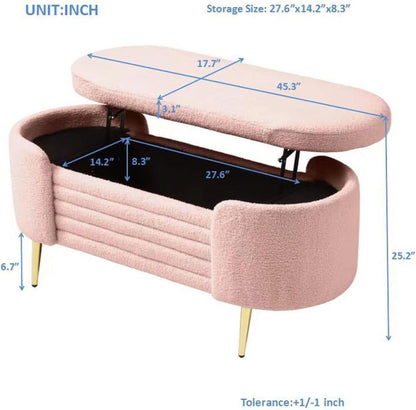 Sumdeal 43.5" Storage Ottoman Bench with 250lb Seating, Linen Upholstered Wood Legs Safety Hinge Flip Top Oval Foot Rest Long Stool for Sofa Couch Bedroom End of Bed Living Room Entryway, White