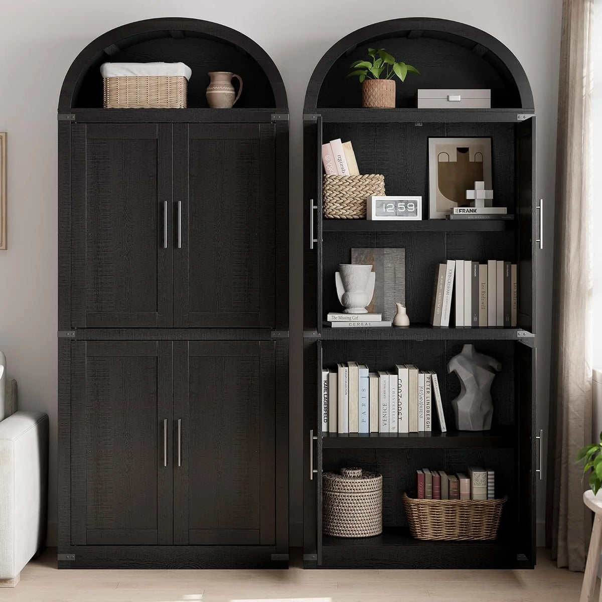 Arched Cabinet Tall Kitchen Pantry, Farmhouse Storage Cabinet Arch Hutch Cabinet, Large Bookshelf with Doors, Arched Bookcase with Cabinet, 5 Tier Kitchen Cabinet for Dining Room