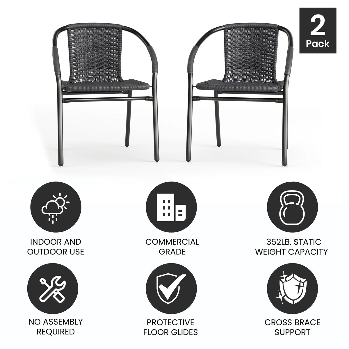 Emma + Oliver Indoor/Outdoor Stacking Rattan Restaurant Patio Chairs, Set of 2, Gray