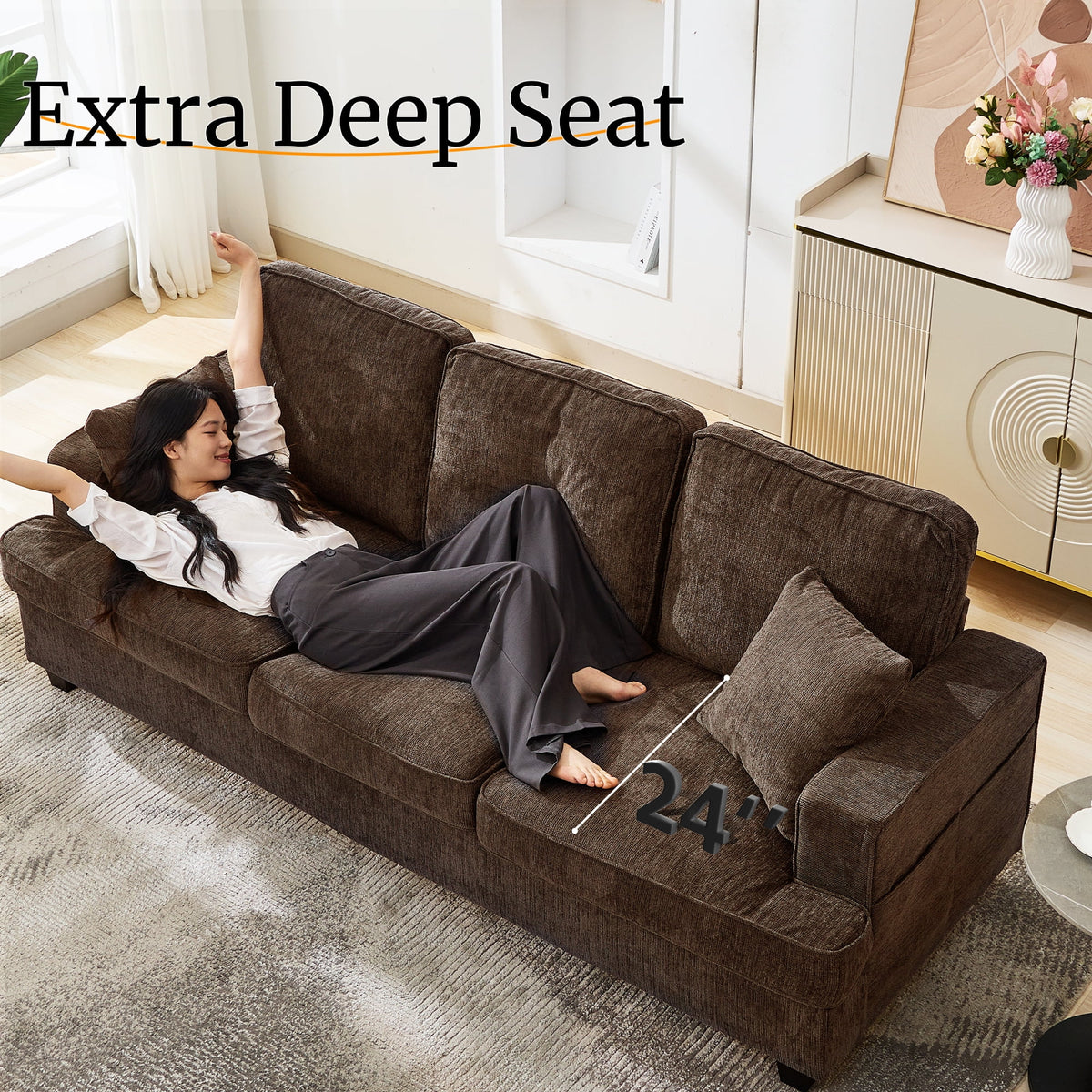 Korser 89" Chenille Sofa 3 Seater Couch with Extra Upholstered Deep Seats for Living Room,Removable Cover,Beige