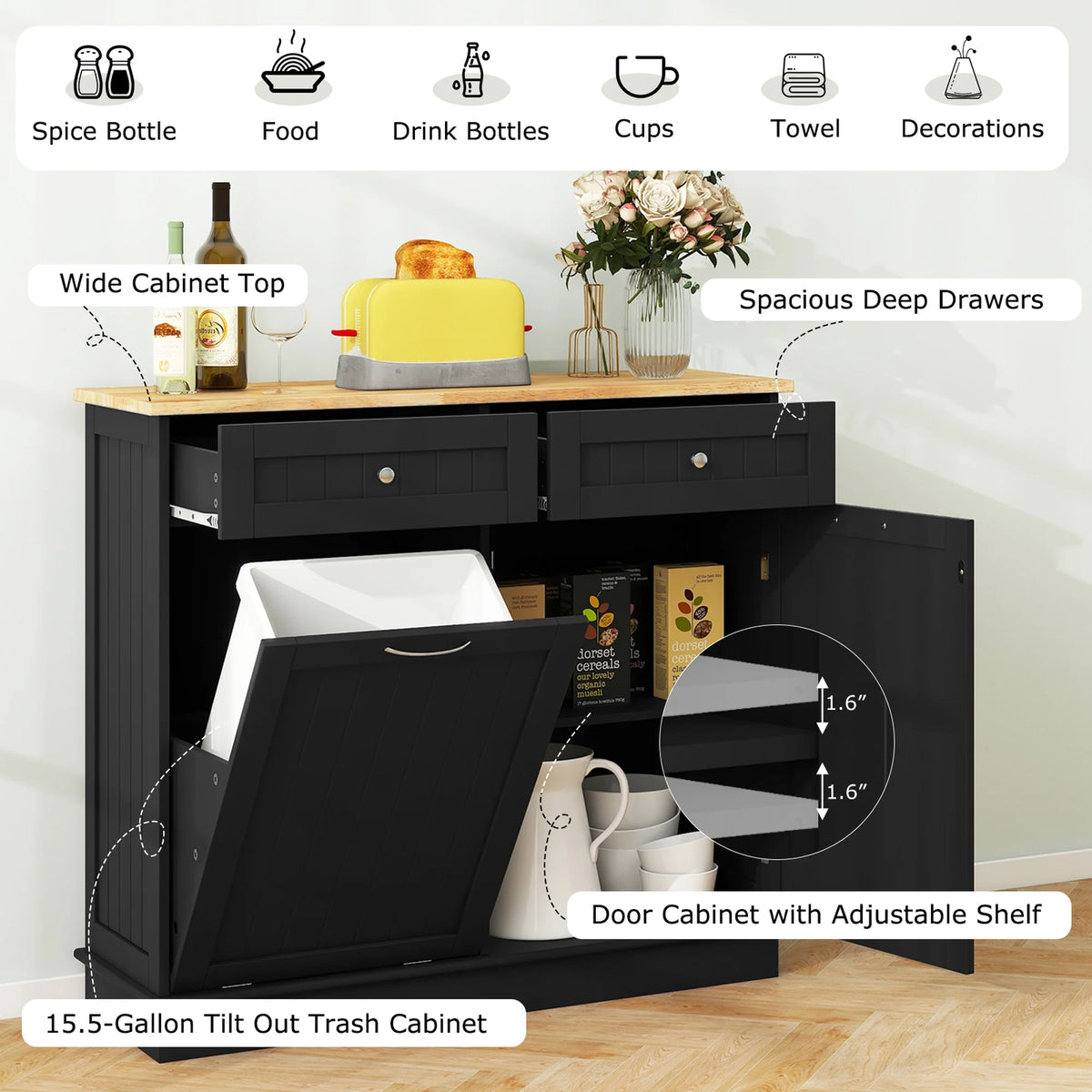 Costway 15.5 Gallon Kitchen Tilt Out Trash Cabinet Rubber Wood Tabletop 2 Drawers Shelf Gray
