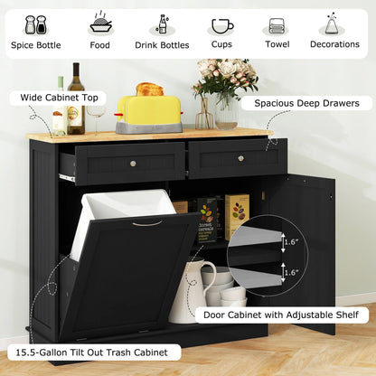Costway 15.5 Gallon Kitchen Tilt Out Trash Cabinet Rubber Wood Tabletop 2 Drawers Shelf Gray
