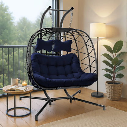 RADIATA Double Wicker Egg Swing Chair with Stand, 2-Person Hanging Egg Chair for Indoor/Outdoor, 700lbs Capacity, Thick Cushions & Headrest,Sturdy Metal Frame��Dark Gray
