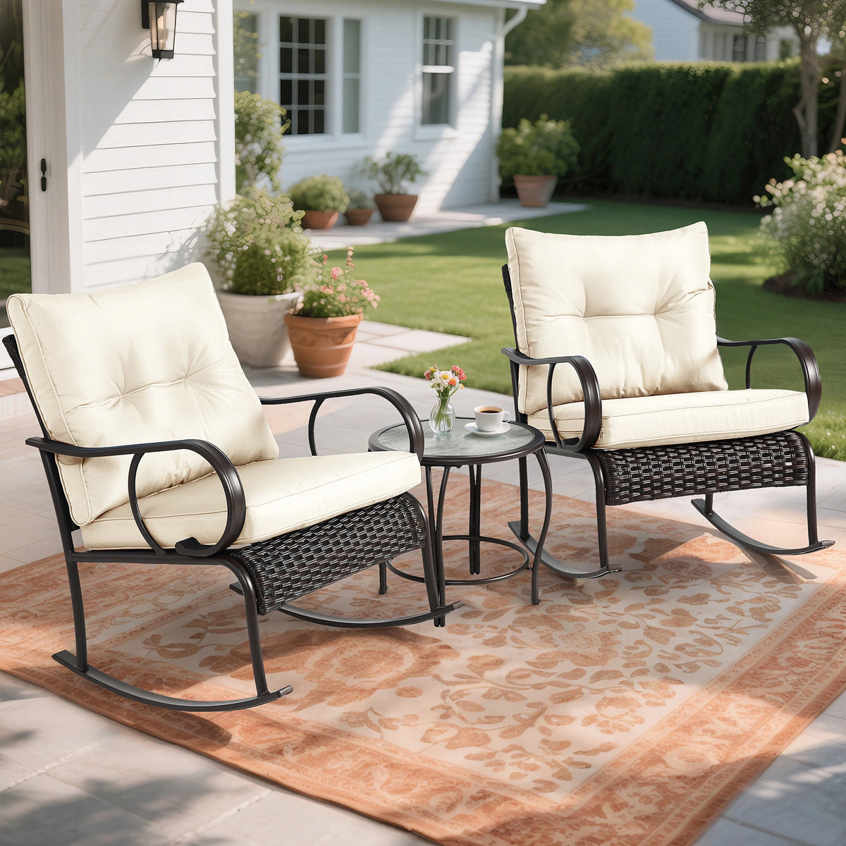 Outdoor Conversation Set of 3, Outdoor Patio Rocking Chair Set with Cushions & Coffee Table, All Weather Wicker Patio Furniture Set, Ideal for Patio, Poolside, Yard, Deck, Coffee Bar