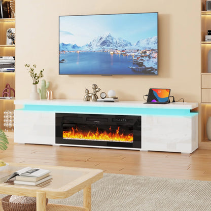 LED TV Stand for up to 85" TVs with Power Outlet, 75" Large Entertainment Center Console Table Gaming Soundbar Shelf with 2 Storage Cabinets