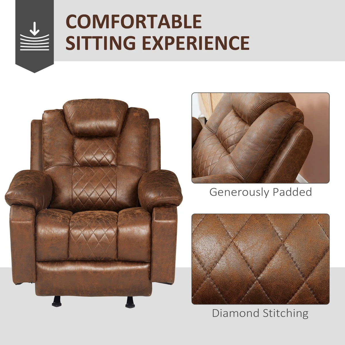 HOMCOM Overstuffed Manual Recliner Chair with Thick Sponge Padded Headrest and Armrest, and Rocking Function, Brown