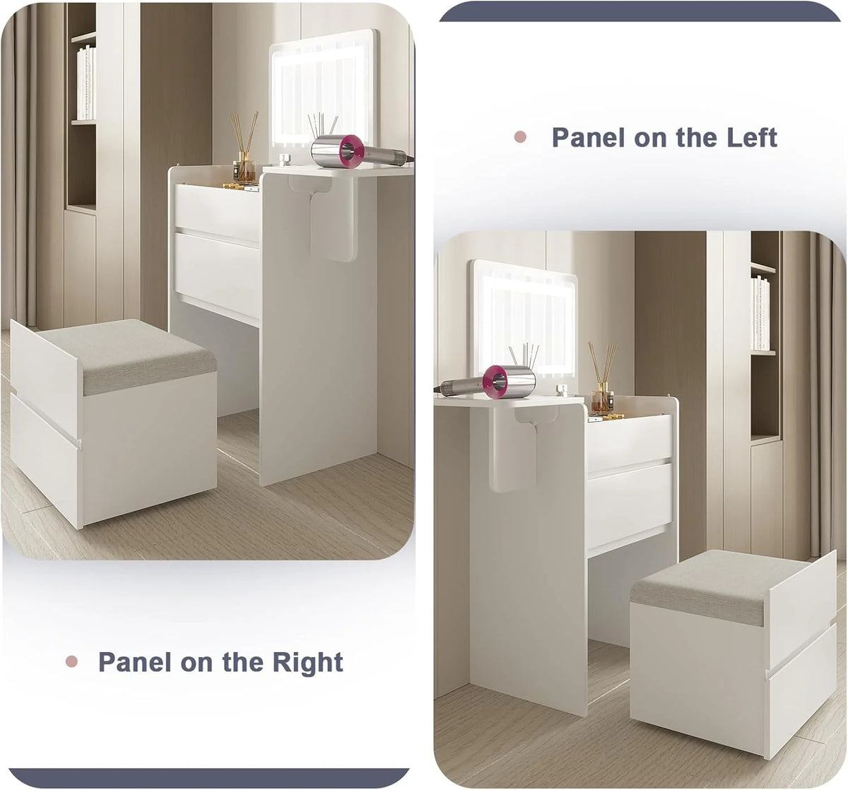 Vanity Desk with Flip Top Lighted Mirror, Compact Makeup Table with Storage Stool, Integrated Vanity with Drawers, 3-in-1 Vanity Set, Small Dressing Desk for Bedroom