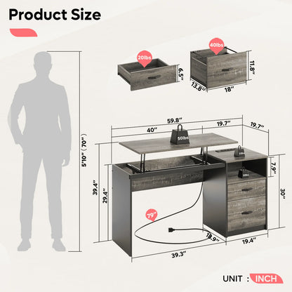 Bestier Computer Desk with Drawers Power Outlet  60" Office Desk Lift Top Desk, Gray