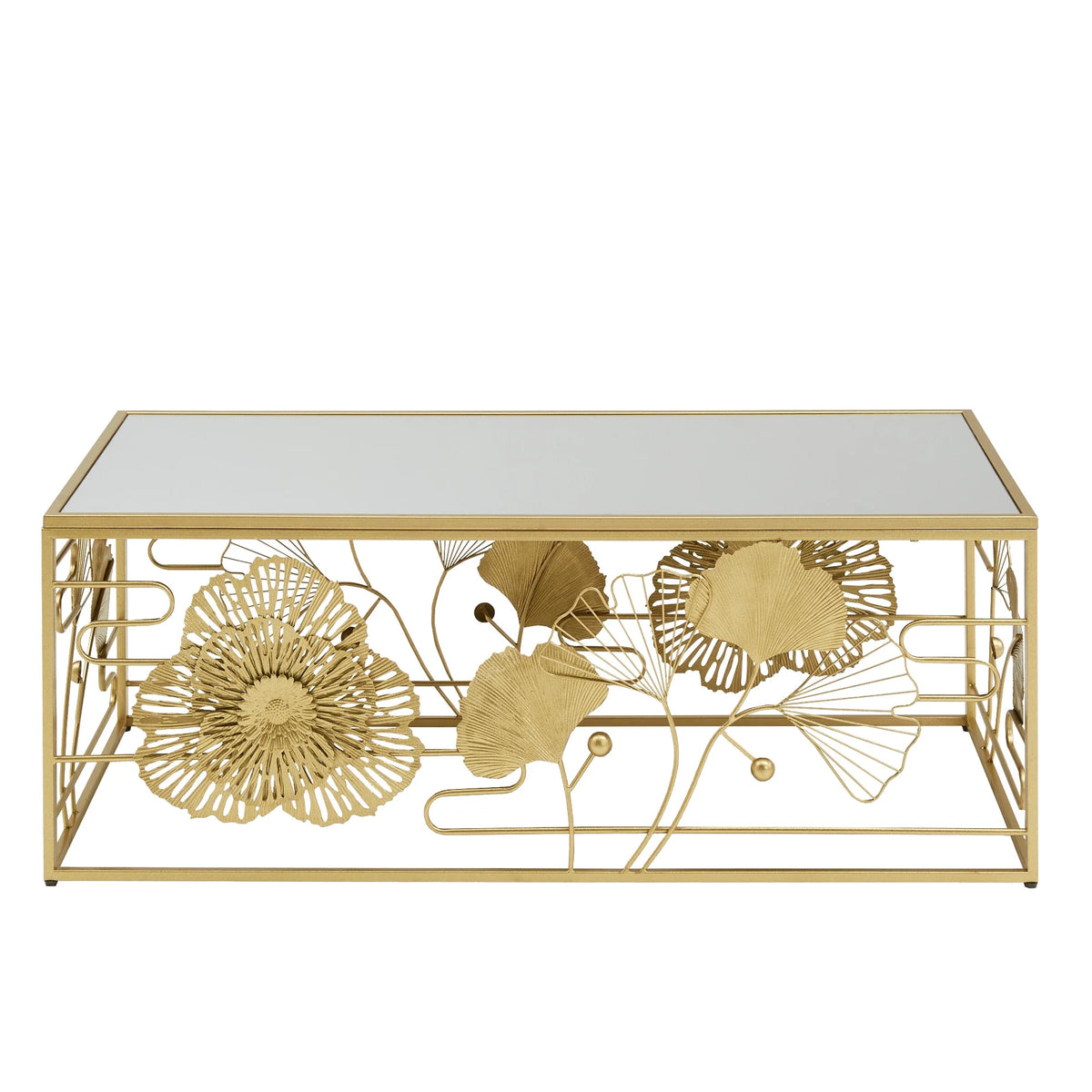 Weston Home Ditmas Glam Peony and Ginkgo Rectangular Coffee Table with Mirror Top, Gold