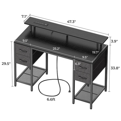 55.1" LED Gaming Desk with Drawers, Computer Desk with Outlets, Office Desk with 4 Drawers, Corner Desk, Writing Desk in White