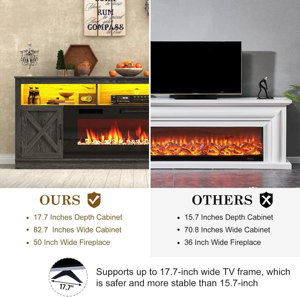 ChVans 70" Fireplace TV Stand for TVs up to 80" with 36" Electric Fireplace, Farmhouse Entertainment Center with LED, Wooden Media Console for Living Room, Bedroom