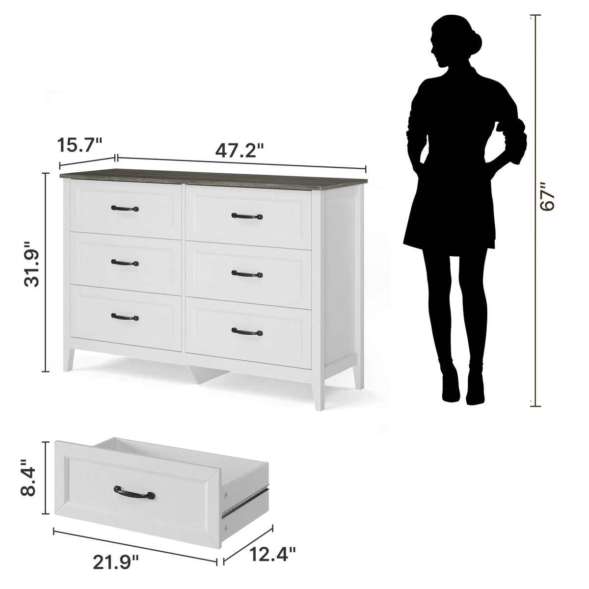 White Dresser, Lofka 6 Drawer Dresser for Bedroom, Chests of Drawers for Living Room, White?? Brown