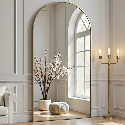 Arched Full Length Mirror, 71"x26" Large Floor Standing Body Mirror with Stand, Gold