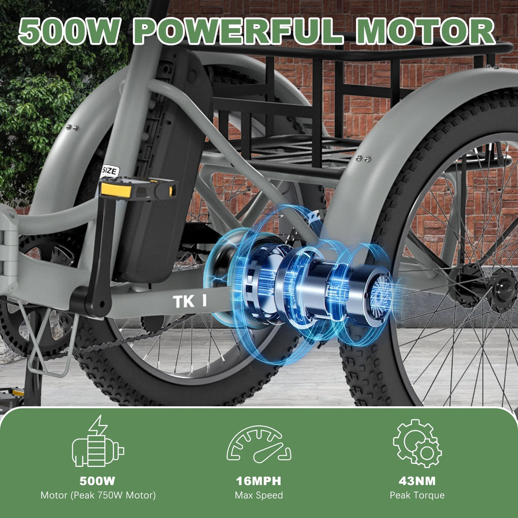 ABORON 3.0 Fat Tire Electric Trike for Senior Foldable E-Bike, 500W Motorized Tricycle Adult 20" Folding 3 Wheel Electric Commute Bike Trike w/48V Battery and Storage Baskets,