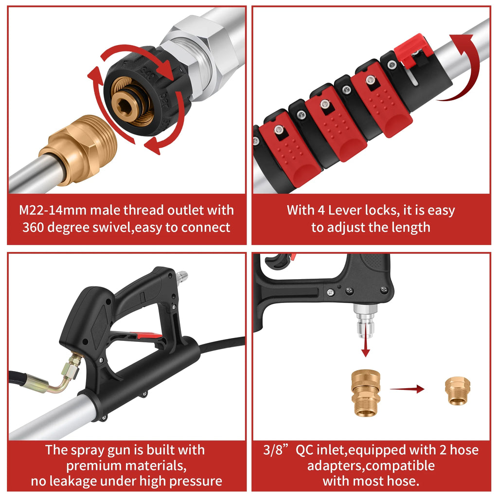 24 FT Gutter Cleaning Tools from The Ground - Telescoping Pressure Washer Wand - Gutter Cleaner Attachment with Power Washer Extension Wands, Brush, 7 Spray Nozzle Tips, 2 Hose Adapters, Support Belt