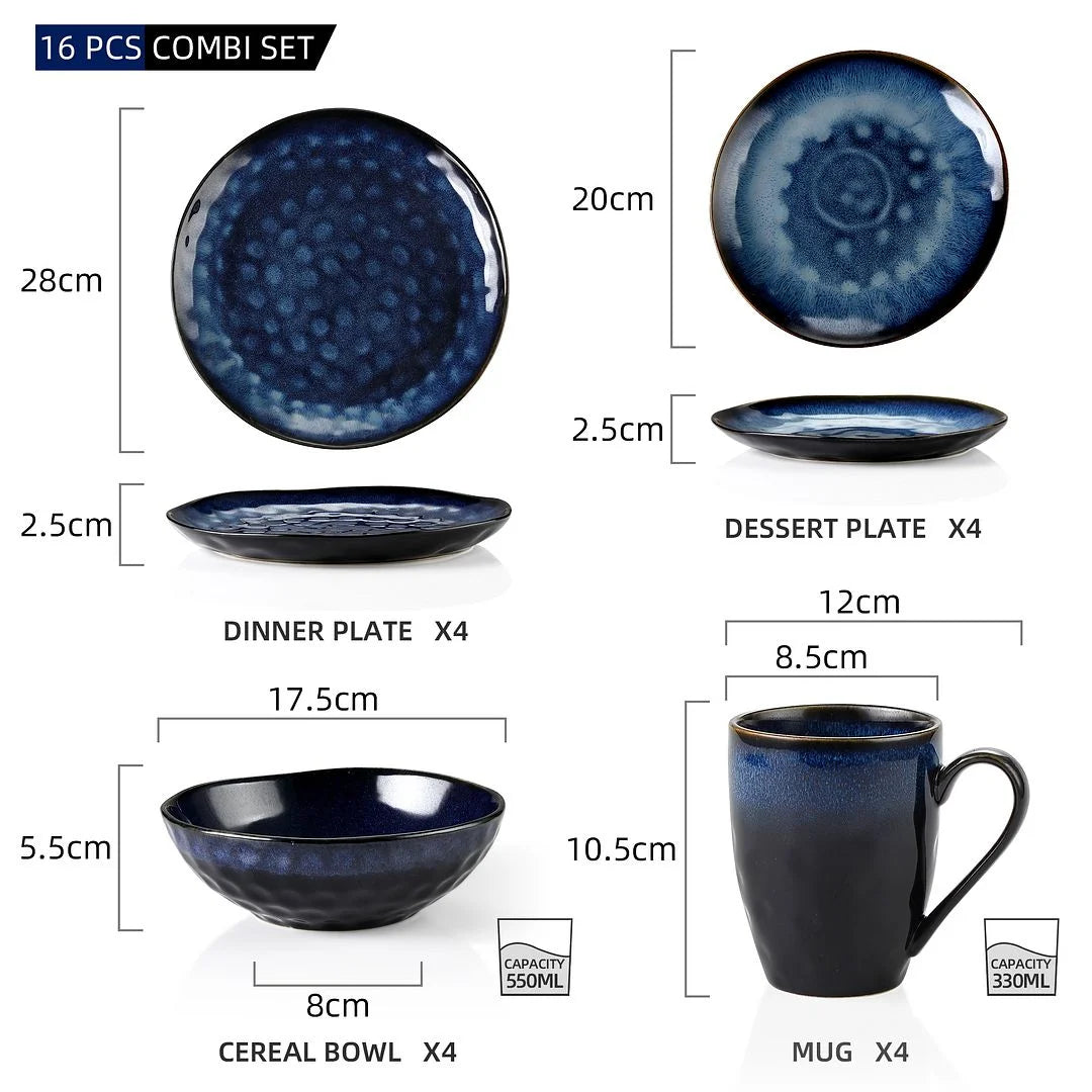 Vancasso,16-Piece Stoneware Dinnerware Set, Blue Dinner Set, Service for 4
