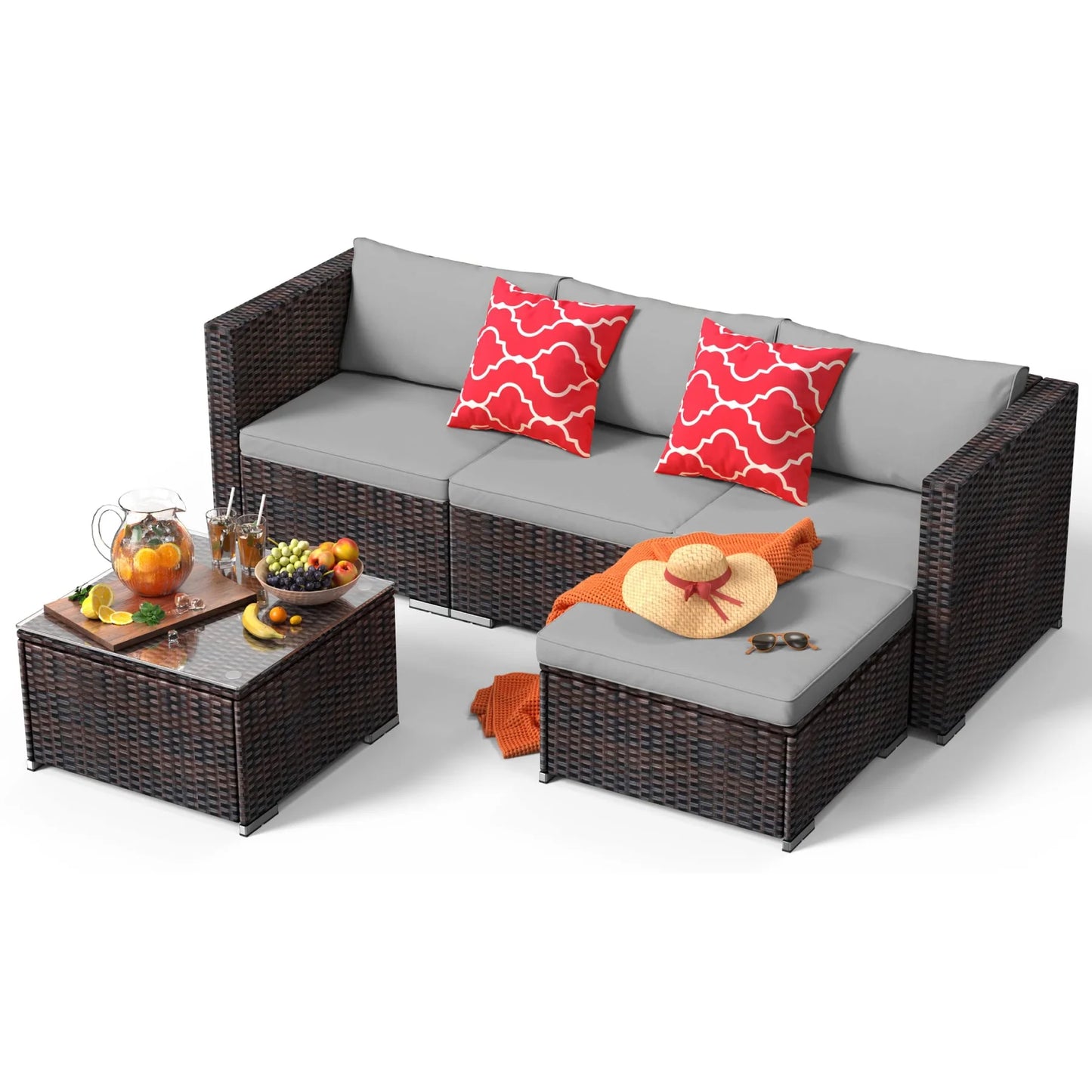 Patio Furniture Set Clearance, Lofka 5 Pieces Patio Conversation Set with Sofas and Tempered Glass Coffee Table for Outdoor Garden Gray