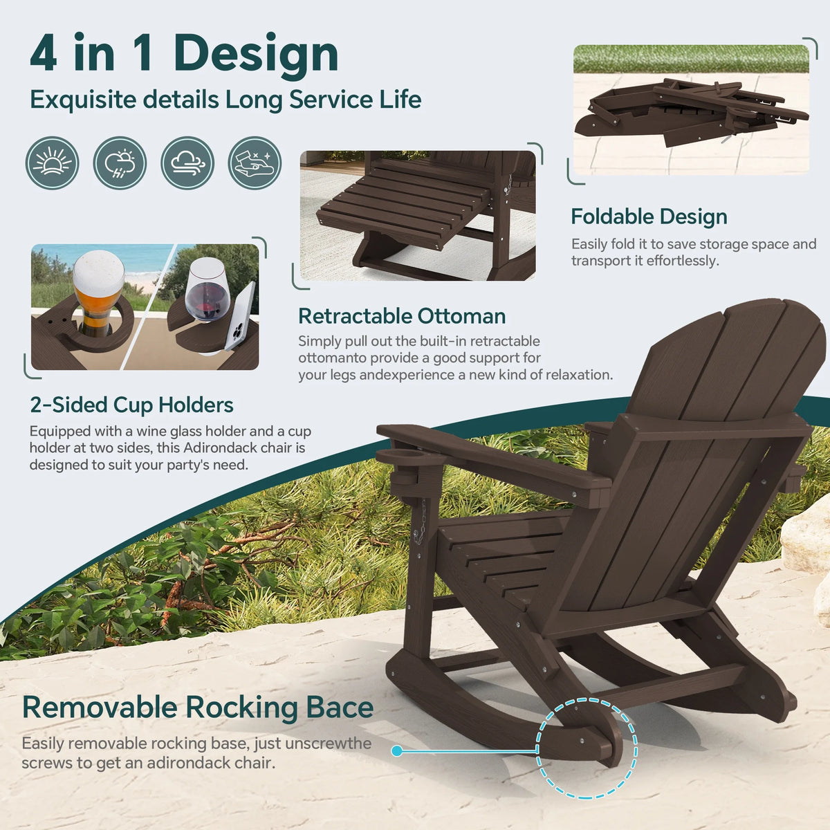 KINGYES Folding Adirondack Rocker Chair Set of 2 W/ Footrest & Dual Cup Holders, HDPE Outdoor Patio Rocking Chair, Black