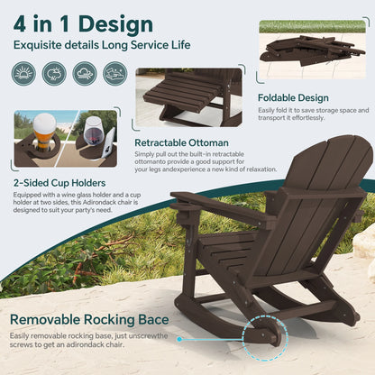 KINGYES Folding Adirondack Rocker Chair Set of 2 W/ Footrest & Dual Cup Holders, HDPE Outdoor Patio Rocking Chair, Black